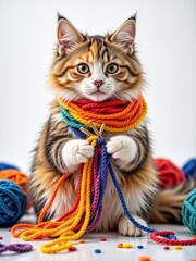 Playful cat with colorful yarn and cheerful expression on white background