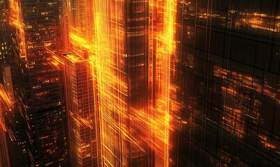 Futuristic cityscape with golden energy streams and reflective glass