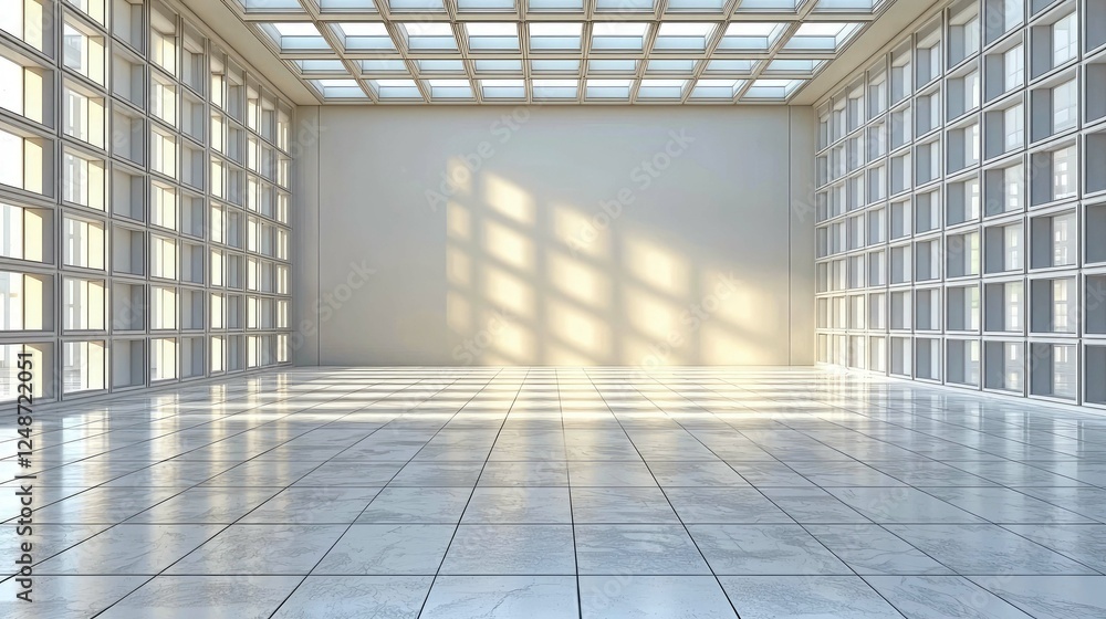 Poster sunlit modern architecture: an empty white room with geometric windows and expansive space