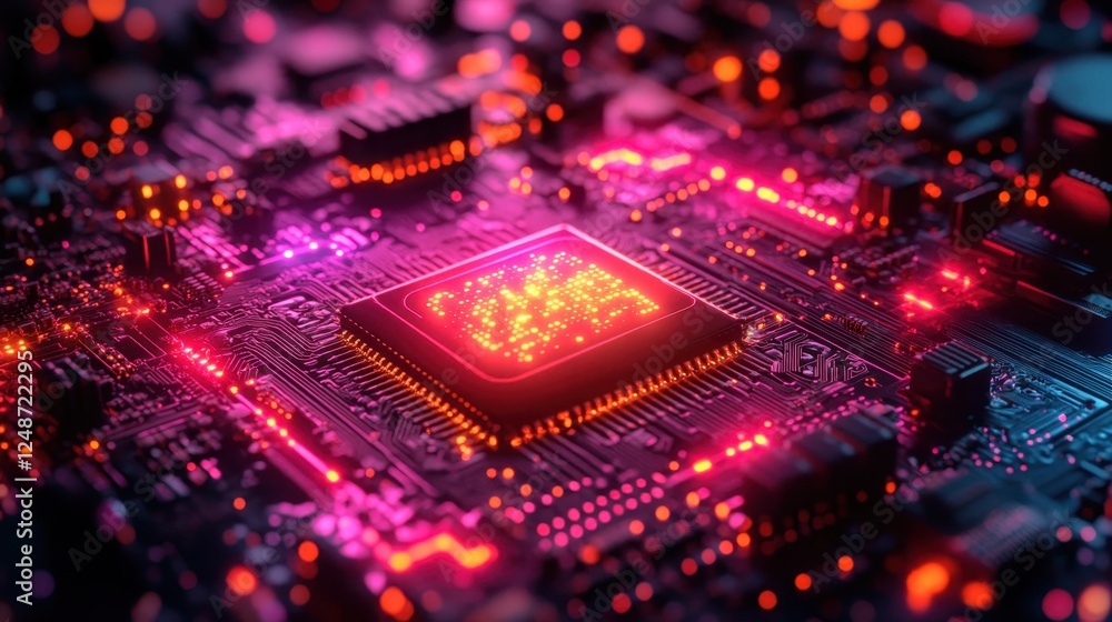 Fototapete Glowing CPU on circuit board; digital data flow; tech background; website header
