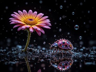Colorful ladybug beside a pink flower with water droplets on a dark, reflective surface