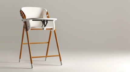 A modern baby high chair with a sleek design and safety straps, standing against a plain white background.
