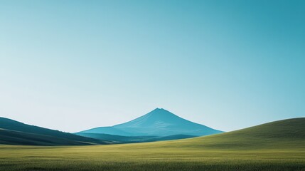 Serene mountain landscape, vast green field, clear sky, peaceful nature scene, perfect for travel brochures