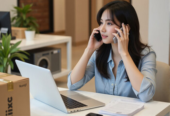 focused woman with black medium hair on the phone, multitasking with a laptop and shipping documents on her desk in a startup office. She is updating inventory and handling logistics for ecommerce car