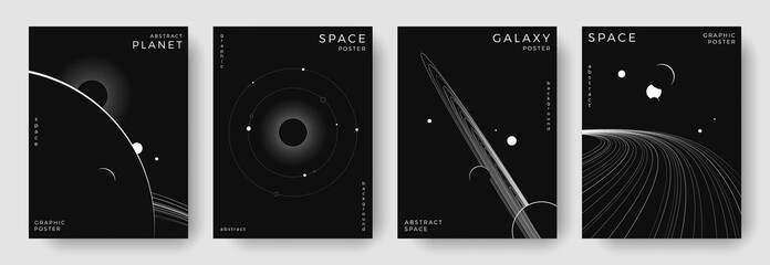 Set of abstract space astronomy backgrounds. Line art galaxy, solar system, planet, black hole. Science future concept. Cosmic minimalist design for cover, poster, layout, banner, flyer, brochure © Anastasiya Stoma