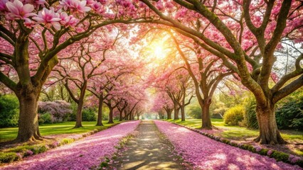 Romantic spring stroll down a pink petal path, blooming magnolias framing a floral trail.