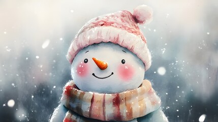 Fototapeta premium Charming artistic snowman with a pink hat and striped scarf
