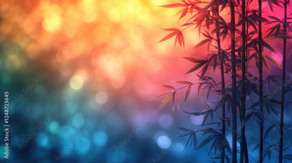 Poster serene bamboo forest with vibrant bokeh background creating a tranquil atmosphere