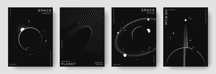 Set of abstract space astronomy backgrounds. Line art galaxy, universe, planet, solar system. Science future concept. Cosmic minimalist design for cover, poster, layout, banner, flyer, brochure