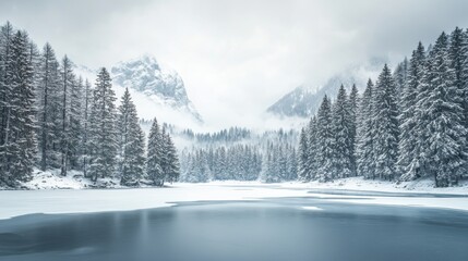 A quiet winter scene in the Italian Alps with snow-covered trees and frozen mountain lakes under a soft, gray sky.