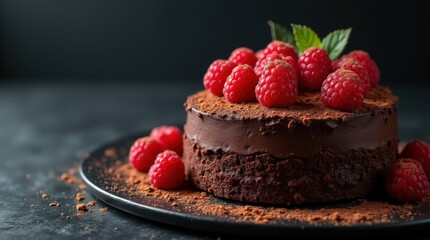 Delicious rich dark chocolate cake topped with fresh raspberries and dusting