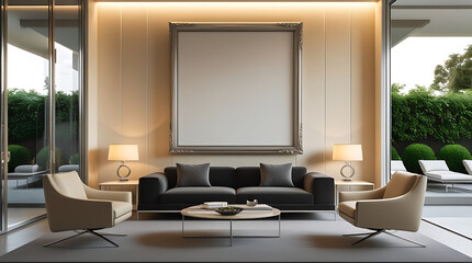 Modern Living Room Interior with ISO A Paper Size Poster Mockup – Elegant 3D Render Design