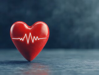 Fototapeta premium A vibrant red heart symbol with a heartbeat line, representing love and health, against a dark backdrop.