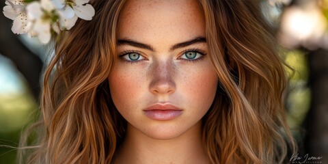 Fototapeta premium Portrait of a Beautiful Young Woman with Striking Blue Eyes, Freckles, and Flowers in her Hair