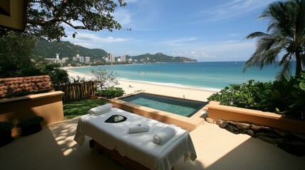 Fototapeta premium A relaxing spa massage by the beach at a luxury resort in Patong Beach, with ocean sounds in the background.