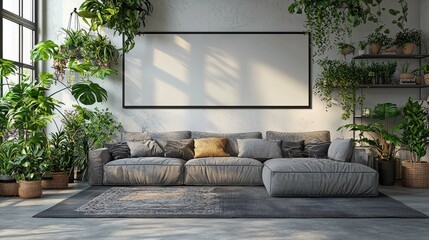 Obraz premium Modern Living Room Interior Design with Gray Sofa and Lush Greenery. Peaceful and Elegant Home Decor Style
