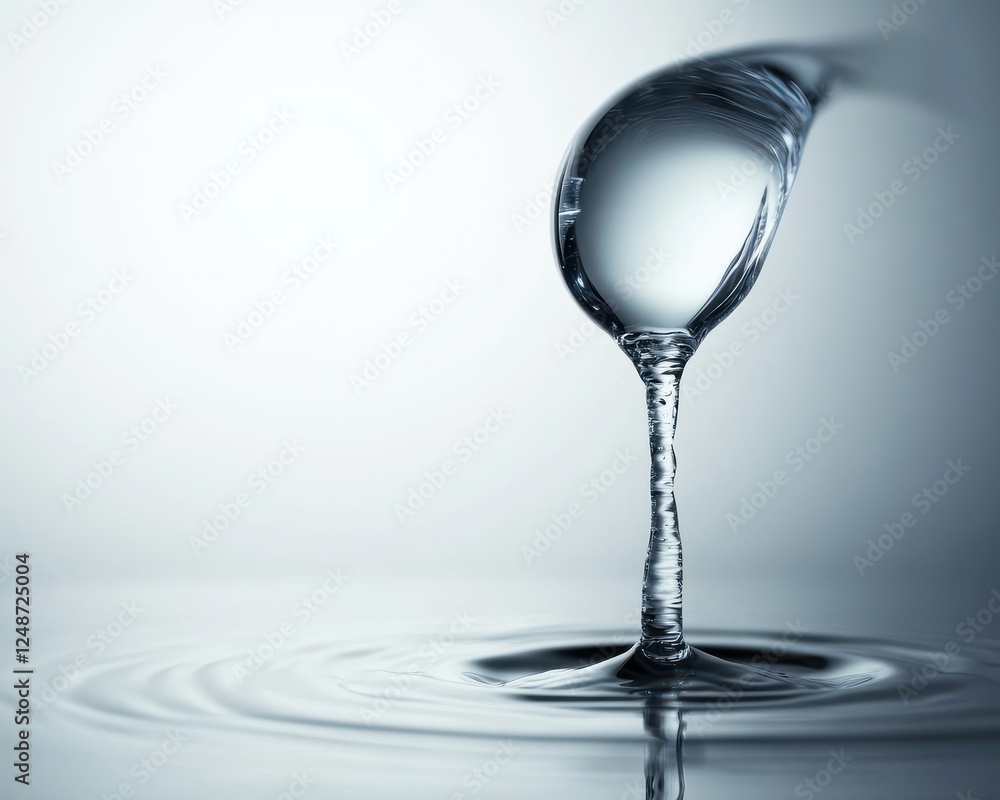 Poster an artistic representation of water, showcasing a droplet suspended in motion, creating ripples on a