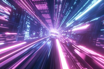 Vehicle Travels Through Neon-Lit Digital Tunnel at Hypersonic Speed, Futuristic Scenery with Glowing Lines and Data Streams.