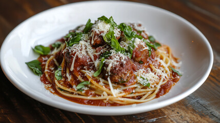 Close-up a plate of spaghetti with rich marinara sauce, topped with fresh basil, grated parmesan, and a few meatballs