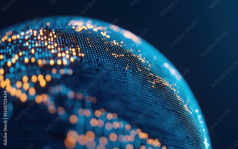 Poster close-up of digital globe featuring illuminated dots representing global connections and technologic