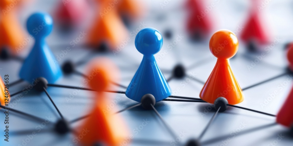 Poster colorful game pieces connected by lines, representing networking and collaboration in a dynamic busi
