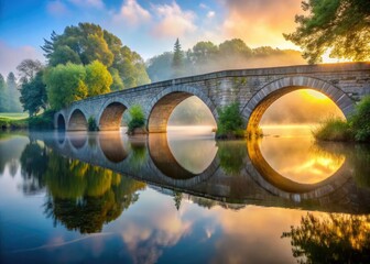 Serene dawn: a stone bridge's reflection in the misty stillness of an early morning landscape.