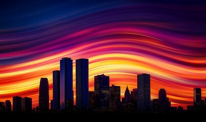 Dramatic cityscape silhouette against a vibrant, abstract sky panorama