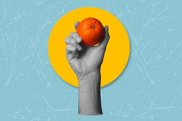 Modern art collage hand holding orange. Proper nutrition
