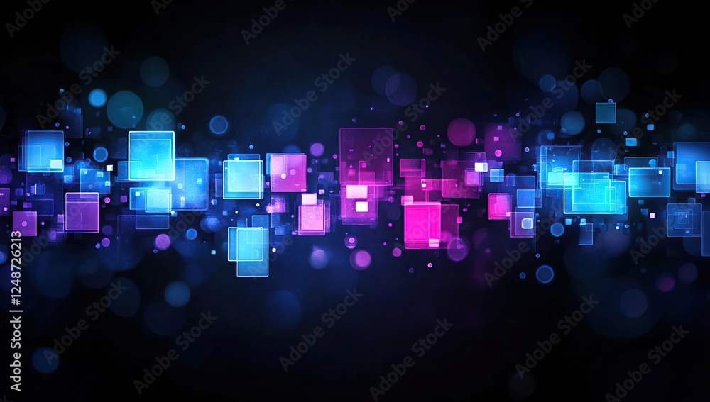 Poster abstract glowing neon squares dance dynamically in dark space, futuristic digital art background des