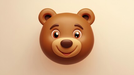 Happy brown bear face, cartoon style, beige background, children's book illustration