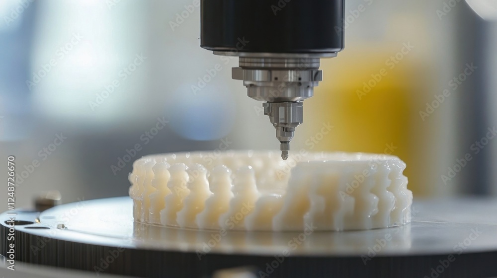 Poster close up of a 3d printer nozzle precisely creating a complex object, highlighting modern manufacturi