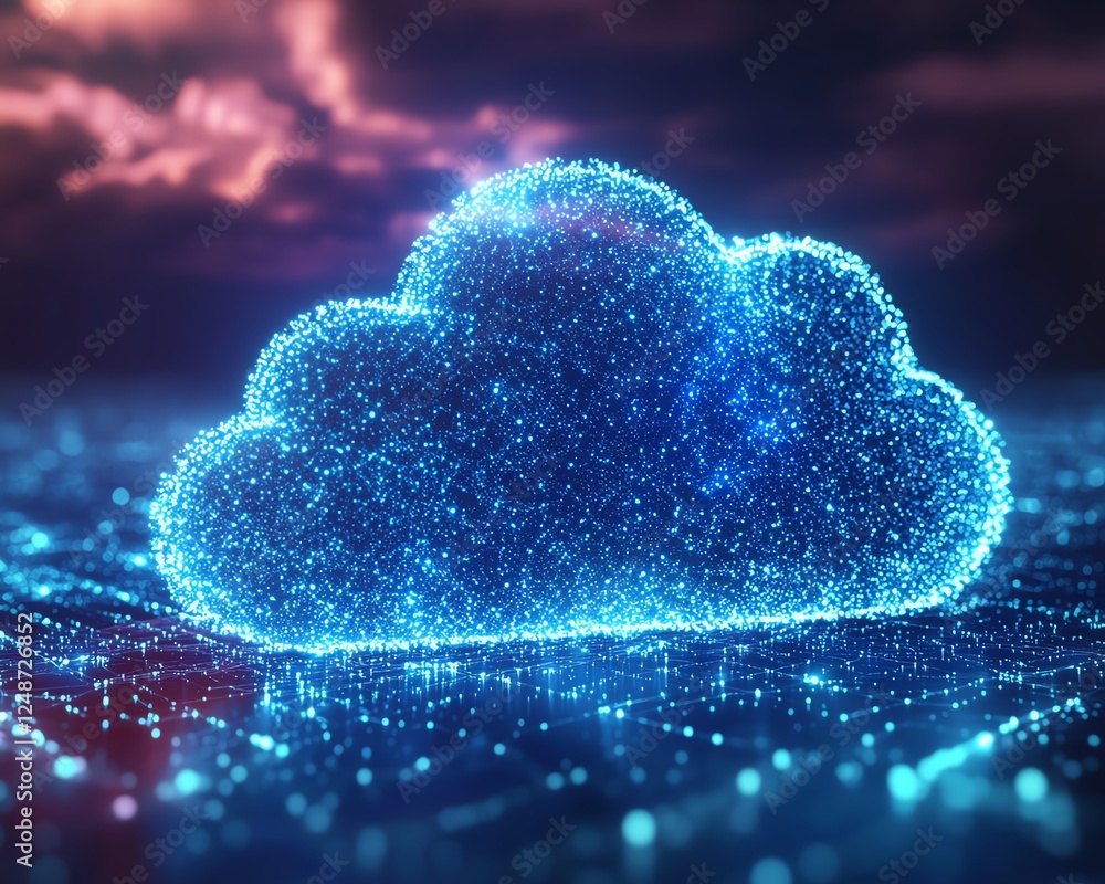 Poster digital transformation through cloud computing, seamless software integration, neon cyber grid, high