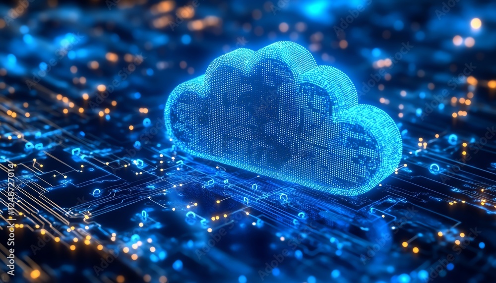 Poster Global cloud computing ecosystem with realtime SaaS applications, glowing data nodes, deep blue cyber matrix, ultrasharp details, 8K resolution