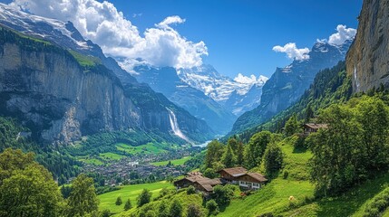 Obraz premium A scenic view of the Lauterbrunnen Valley with its dramatic waterfalls and alpine backdrop, perfect for hiking and adventure.