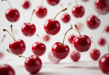 Fresh Red Cherries with Glossy Skin and Green Stems Floating on White Background
