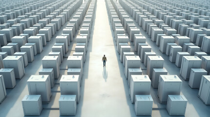 Obraz premium Solitude in a Concrete Maze: Man Walking Through Endless Rows of Cubes, Minimalist Architecture, Surreal Landscape, Isolation Concept