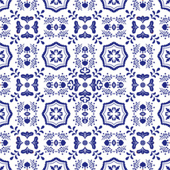 Blue and white porcelain tiles Floral and geometric tile background seamless pattern Ethnic Geometric Ornament Ceramic