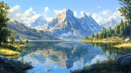 Fototapeta premium Majestic Mountain Lake Reflection, Sunny Day
