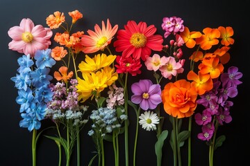 Obraz premium Brightly colored flowers arranged in a row on dark background showcasing nature's beauty