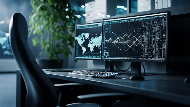 Futuristic control room featuring high-resolution screens displaying dynamic data streams.