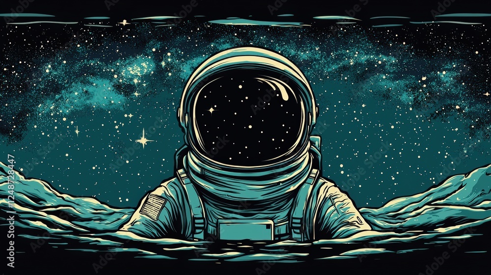 Aufkleber bold graphic design of an astronaut in space with dynamic lines and cosmic background