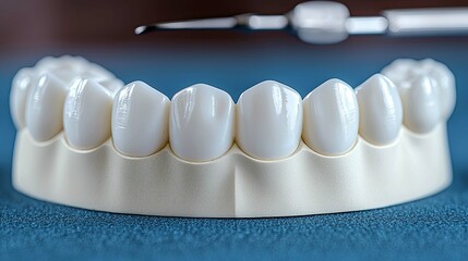 Close-up view of a dental model showcasing a set of bright, healthy-looking teeth. Perfect for dental professionals, educational materials, and health websites.
