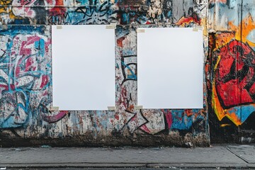 Fototapeta premium Two Blank White Papers Taped on Colorful Graffiti Wall for Art, Design, or Advertising Purposes