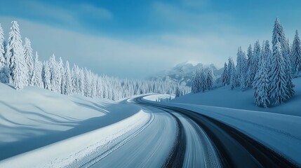 Snowcovered road through a dense pine forest, soft winter light filtering through trees, peaceful and magical holiday season vibe