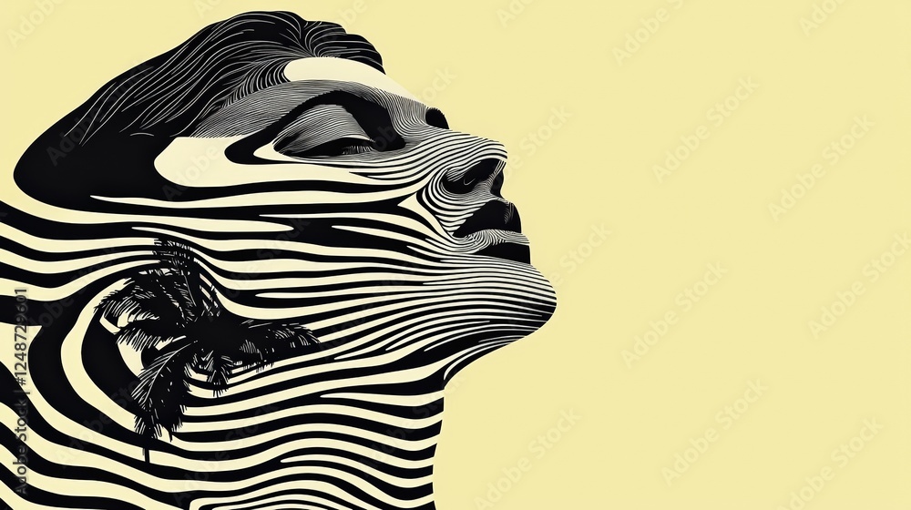 Poster bold graphic design of palm tree and waves with a woman's face in striking lines on soft yellow back