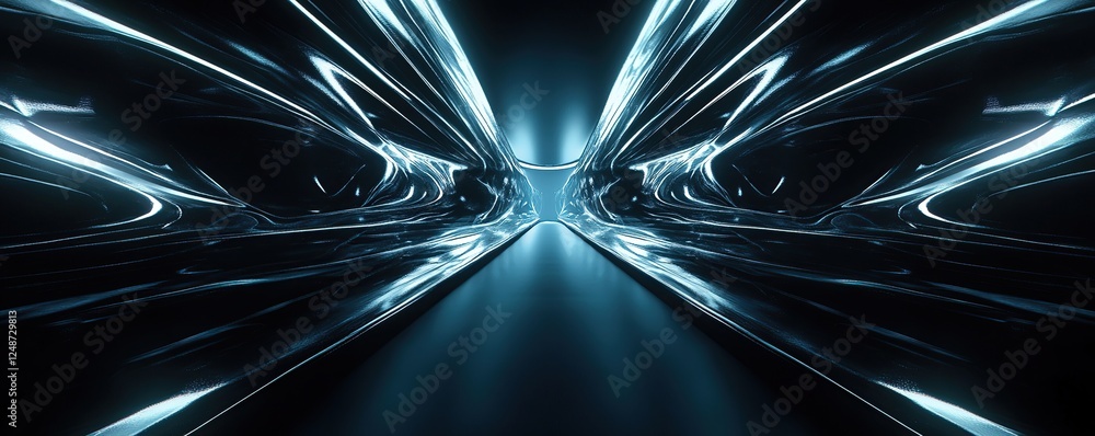 Poster abstract blue neon glowing tunnel, futuristic sci-fi corridor visuals, seamless loop animation, 3d r