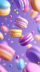 Obraz premium Delicate macarons in pastel hues float effortlessly, suspended in a dreamy atmosphere. This lively display evokes a sense of joy and sweetness, perfect for a mobile wallpaper