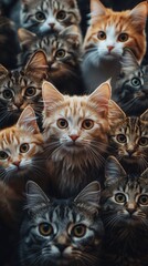 Fototapeta premium Feline gathering of curious cats with striking eyes in a cozy setting