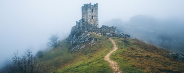 Ancient stone tower atop a foggy hill, with a winding path leading to its mysterious entrance.