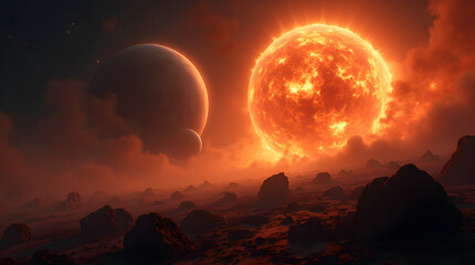 Exoplanet Landscape: Red Giant Star, Rocky Terrain, and Distant Moon - Sci-Fi Art, Space Exploration, Planetary Surface, Dramatic Lighting